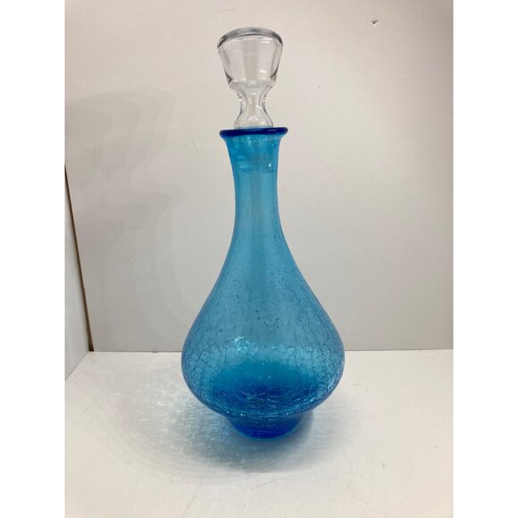Vintage Blue Crackle Glass Decanter With Clear Stopper 12" Tall Elegant Mid-Cent - Picture 1 of 8